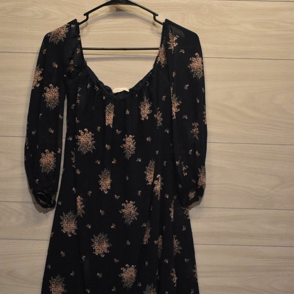 Navy Blue and Pink Floral Flowy Dress. Off the Shoulders - Picture 2 of 4